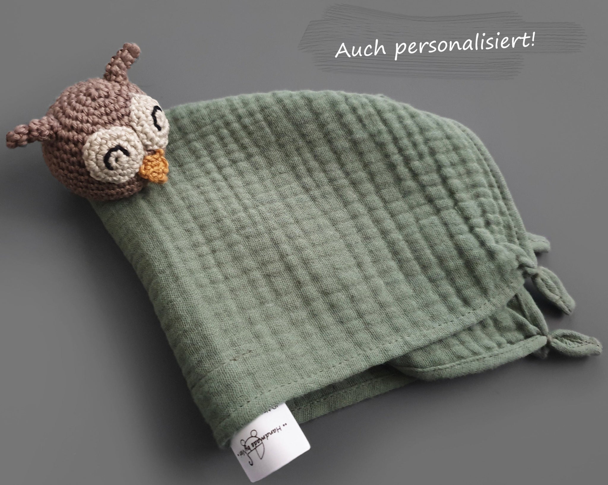 Personalisiertes Schmusetuch aus Bio Musselin - Eule in old green