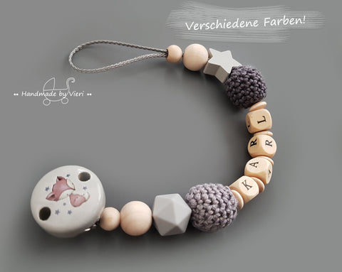 Schnullerkette mit Namen – Fuchs, grau