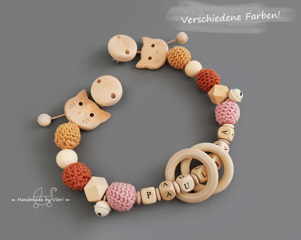 Kinderwagenkette mit/ohne Namen- Kätzchen, Holzringe, altrosa/senf