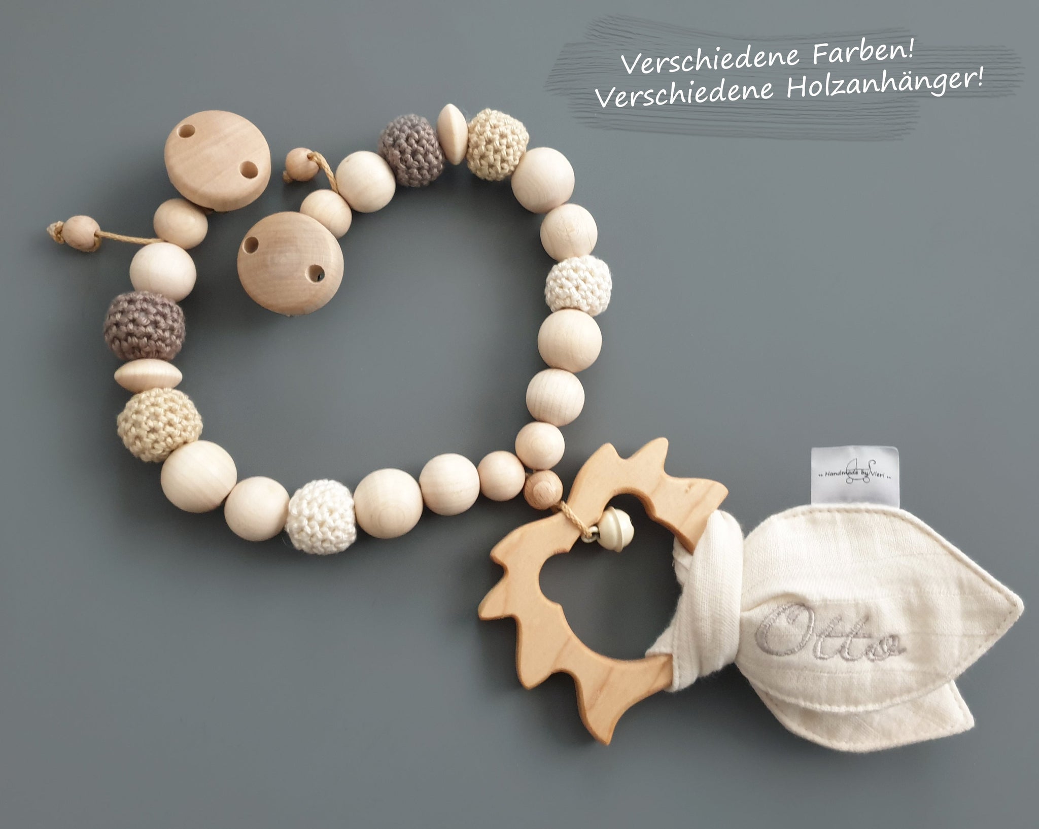 Personalisierte Kinderwagenkette mit Knistertuch - Löwe, natur