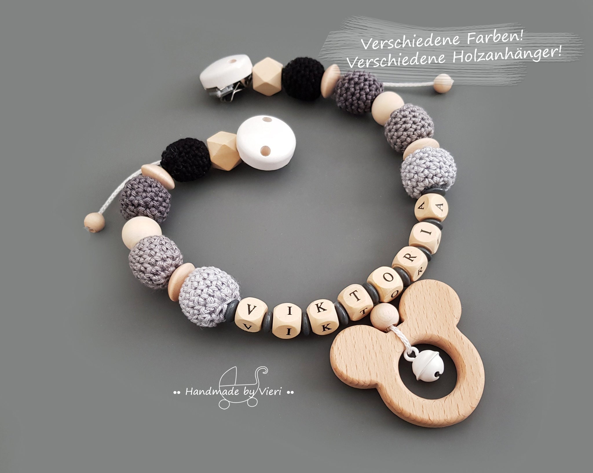 Kinderwagenkette mit Namen - Maus, grau