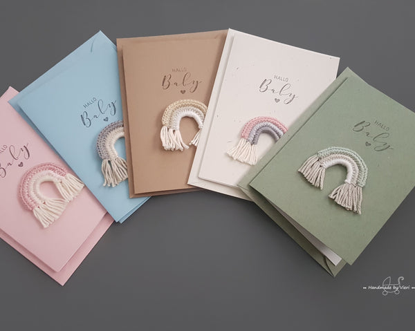 Handgemachte Geburtskarte - Hallo Baby, Regenbogen in rosa
