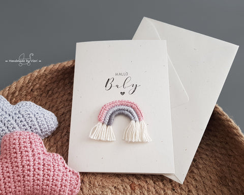 Handgemachte Geburtskarte - Hallo Baby, Regenbogen in rosa/grau