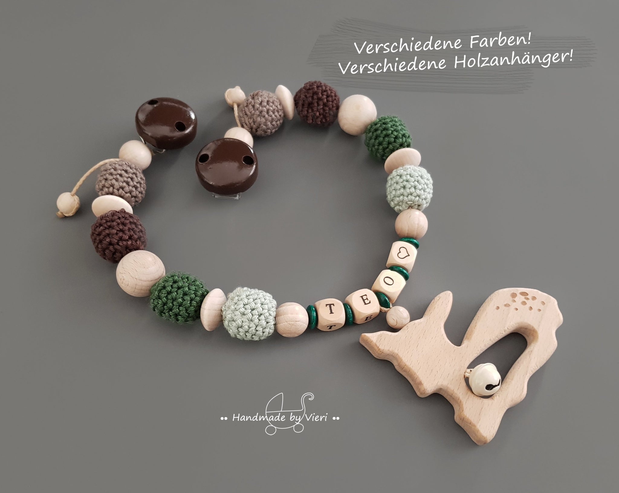 Kinderwagenkette mit Namen - Reh, grün