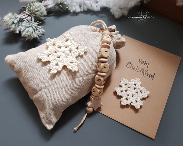 Weihnachtssäckchen / Weihnachtsbeutel mit Namen - Schneeflocke, beige