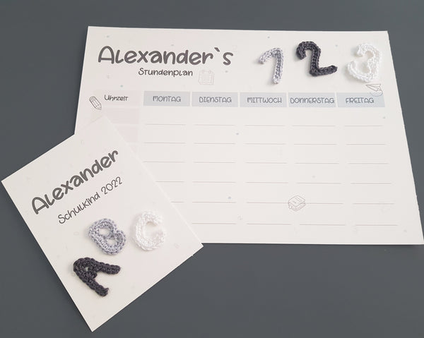 123/ABC 3-teiliges Geschenkset mit Namen- grau, Schulkind 2023