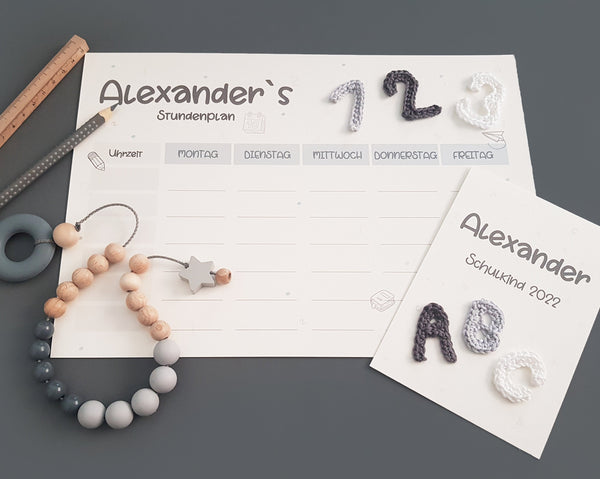 123/ABC 3-teiliges Geschenkset mit Namen- grau, Schulkind 2023