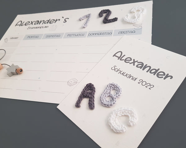 123/ABC 3-teiliges Geschenkset mit Namen- grau, Schulkind 2023