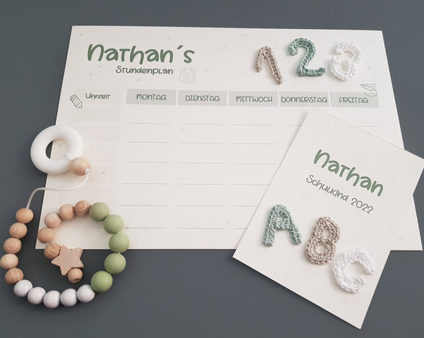 123/ABC 3-teiliges Geschenkset mit Namen- grün, Schulkind 2023