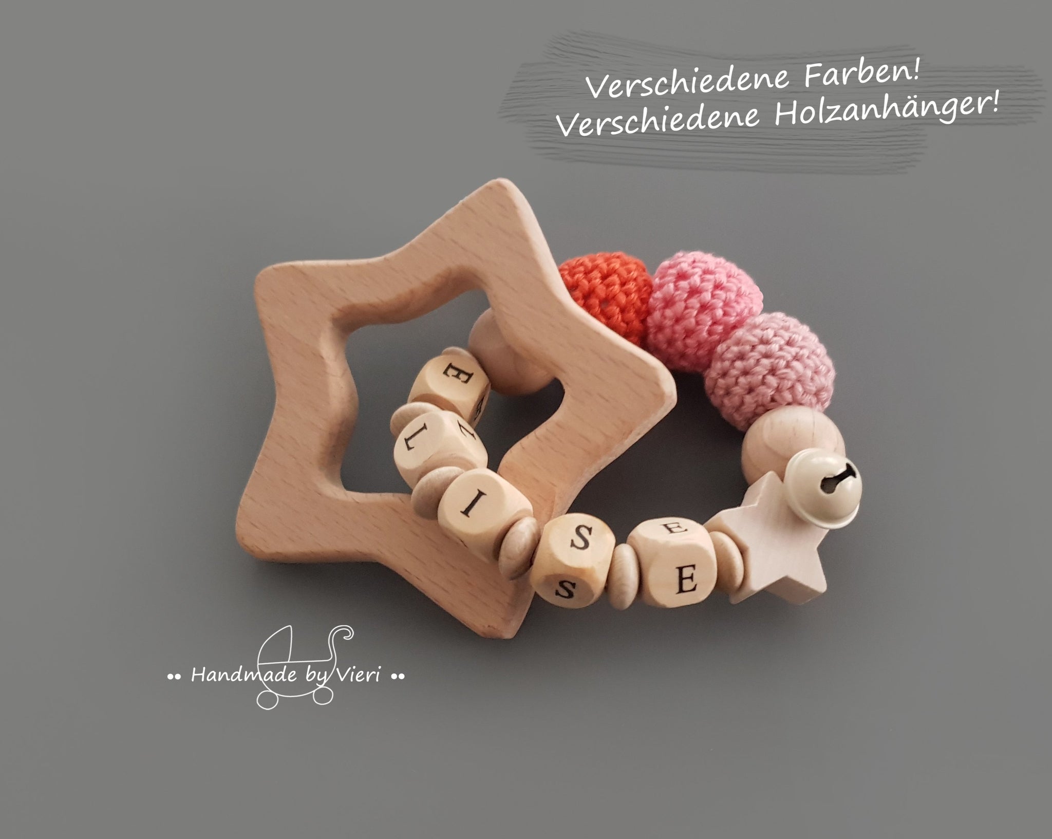 Greifling mit Namen - Stern, orange/rosa - handmadebyvieri