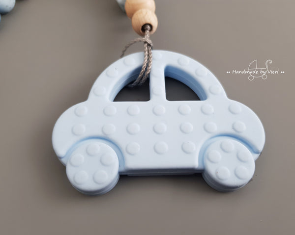 Schnullerkette inkl. Silikonanhänger mit Namen, Auto, blau