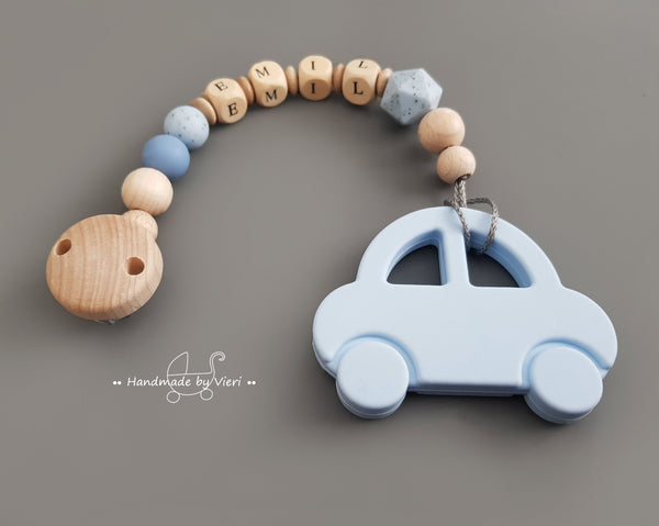 Schnullerkette inkl. Silikonanhänger mit Namen, Auto, blau
