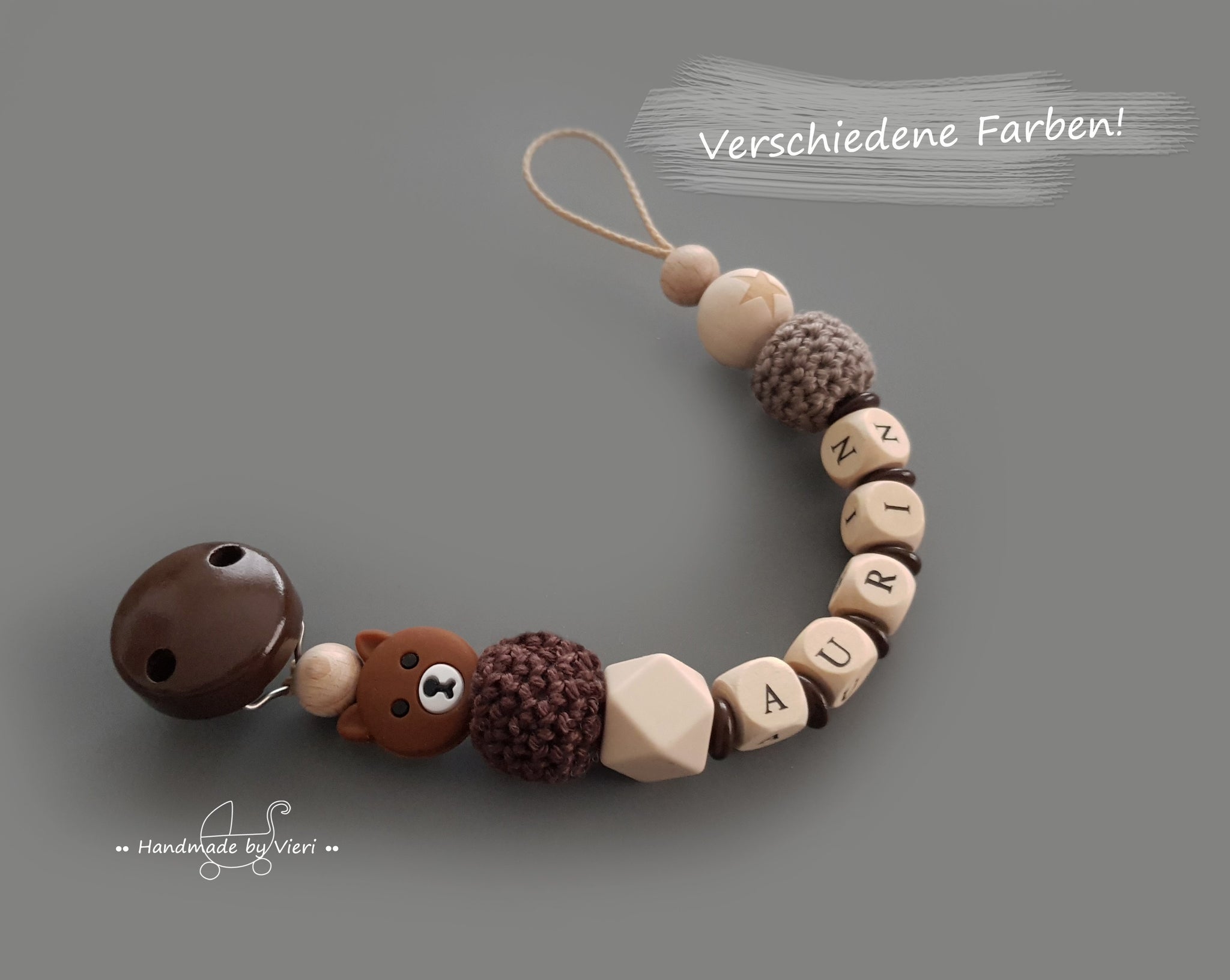 Schnullerkette mit Namen- Bär, braun