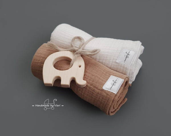 Personalisierte Musselin Schmusetücher in taupe und weiß - 2er-Set Bio - handmadebyvieri
