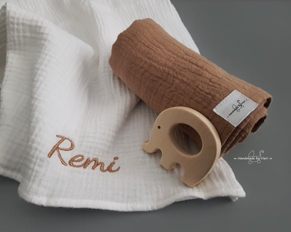 Personalisierte Musselin Schmusetücher in taupe und weiß - 2er-Set Bio