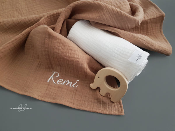 Personalisierte Musselin Schmusetücher in taupe und weiß - 2er-Set Bio - handmadebyvieri