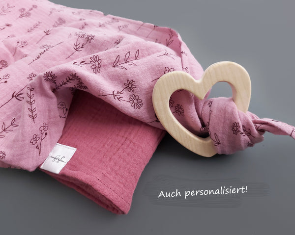 Personalisierte Musselin Schmusetücher mit Blümchen - 2er-Set Bio altrosa/bordeaux