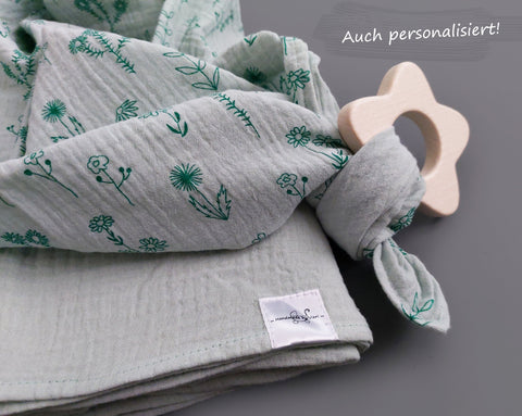 Personalisierte Musselin Schmusetücher mit Blümchen - 2er-Set Bio aquagrün