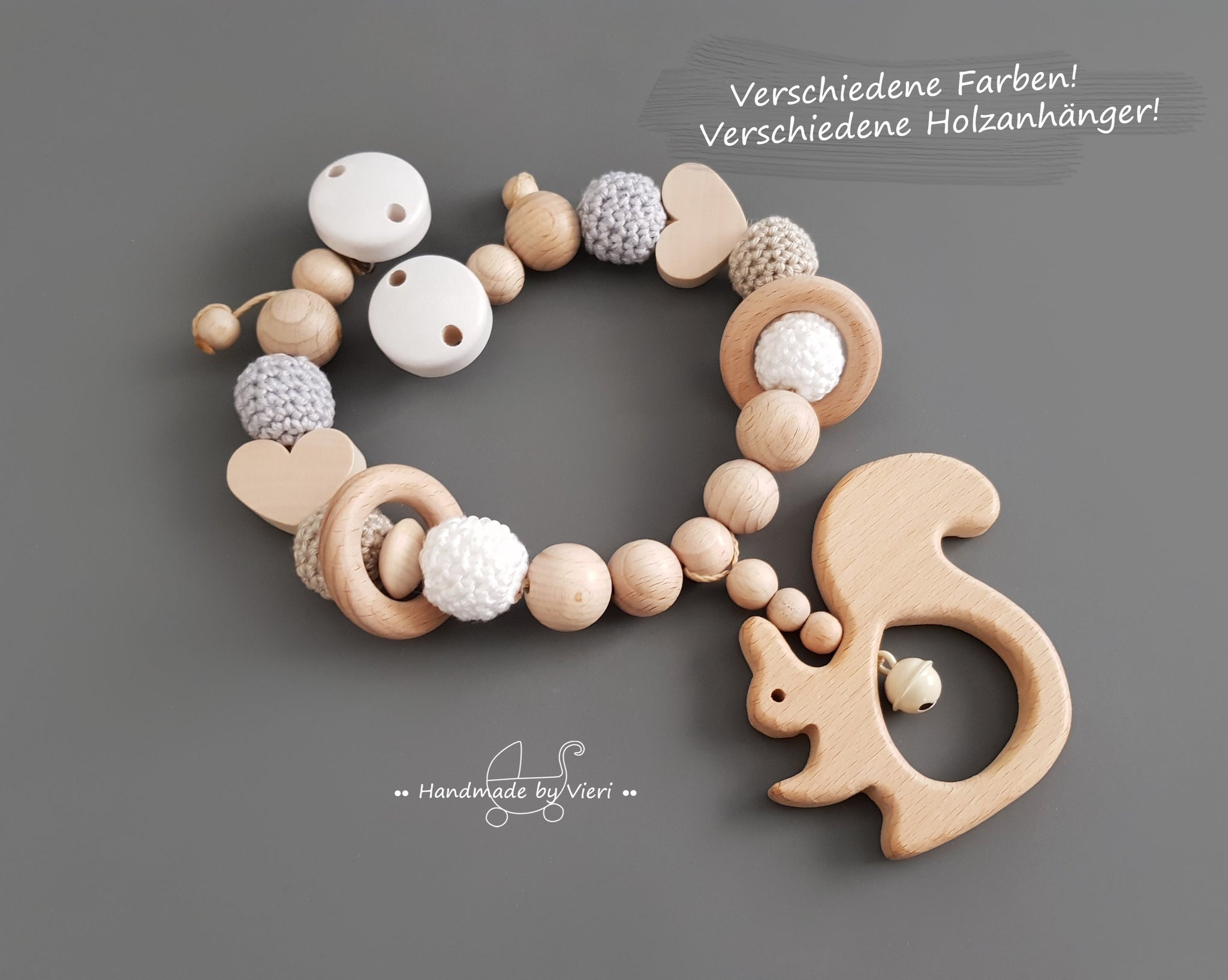 Kinderwagenkette ohne Namen - Eichhörnchen mit Herzchen/Holzringen