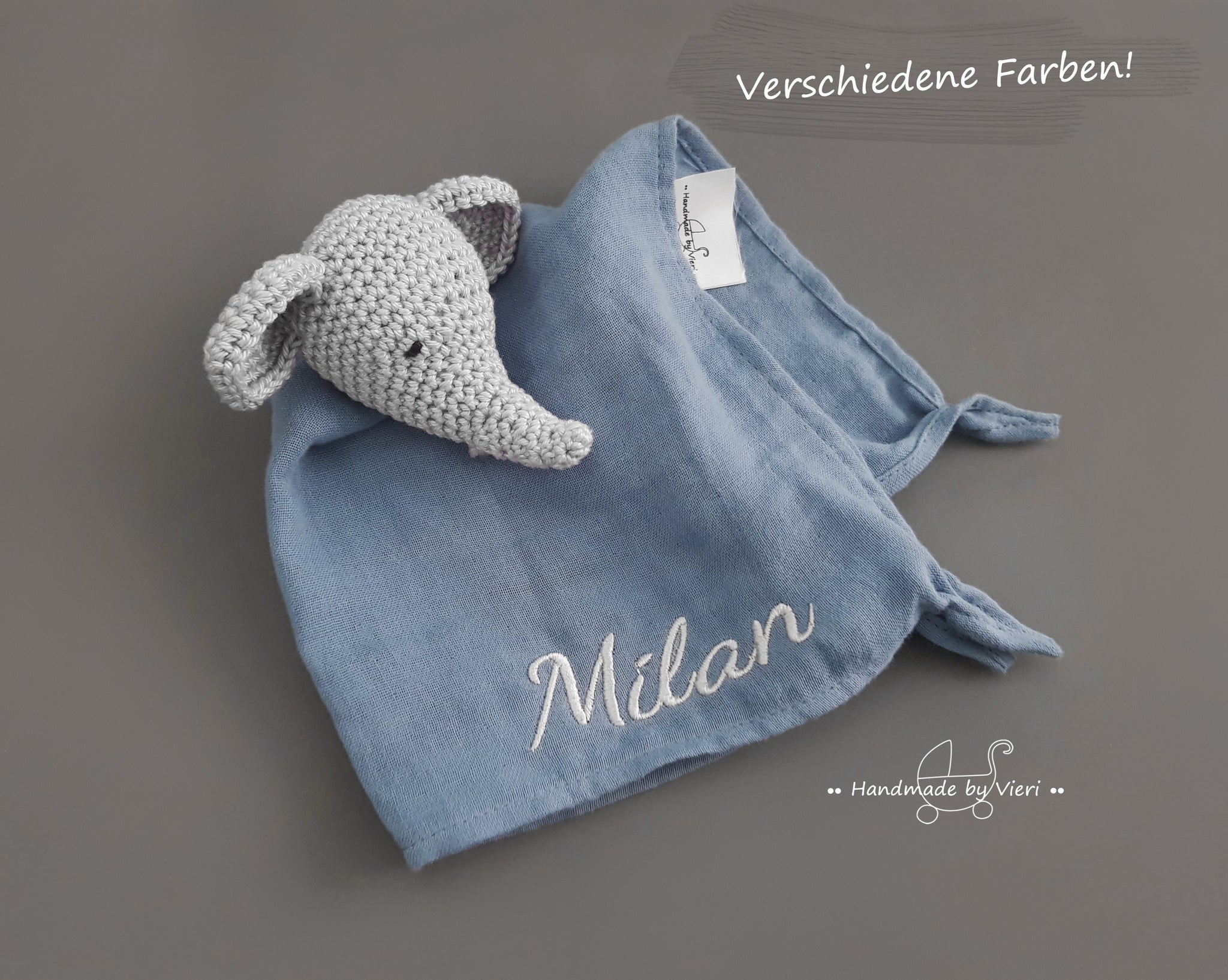 Schmusetuch mit/ohne Namen - Elefant in hellgrau, blue shadow