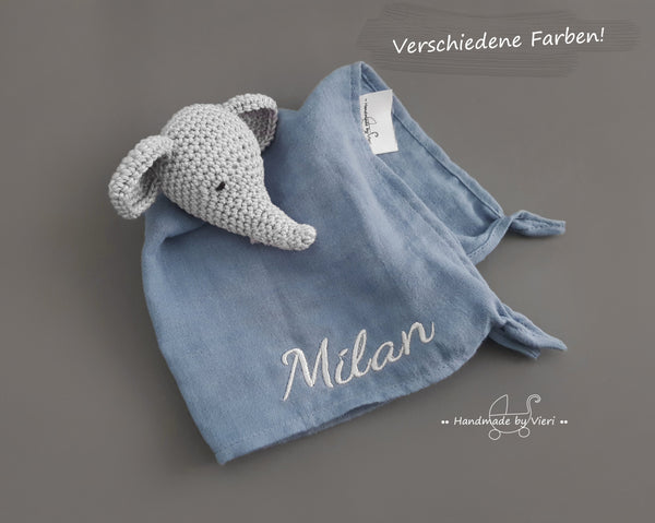 Schmusetuch mit/ohne Namen - Elefant in hellgrau, blue shadow