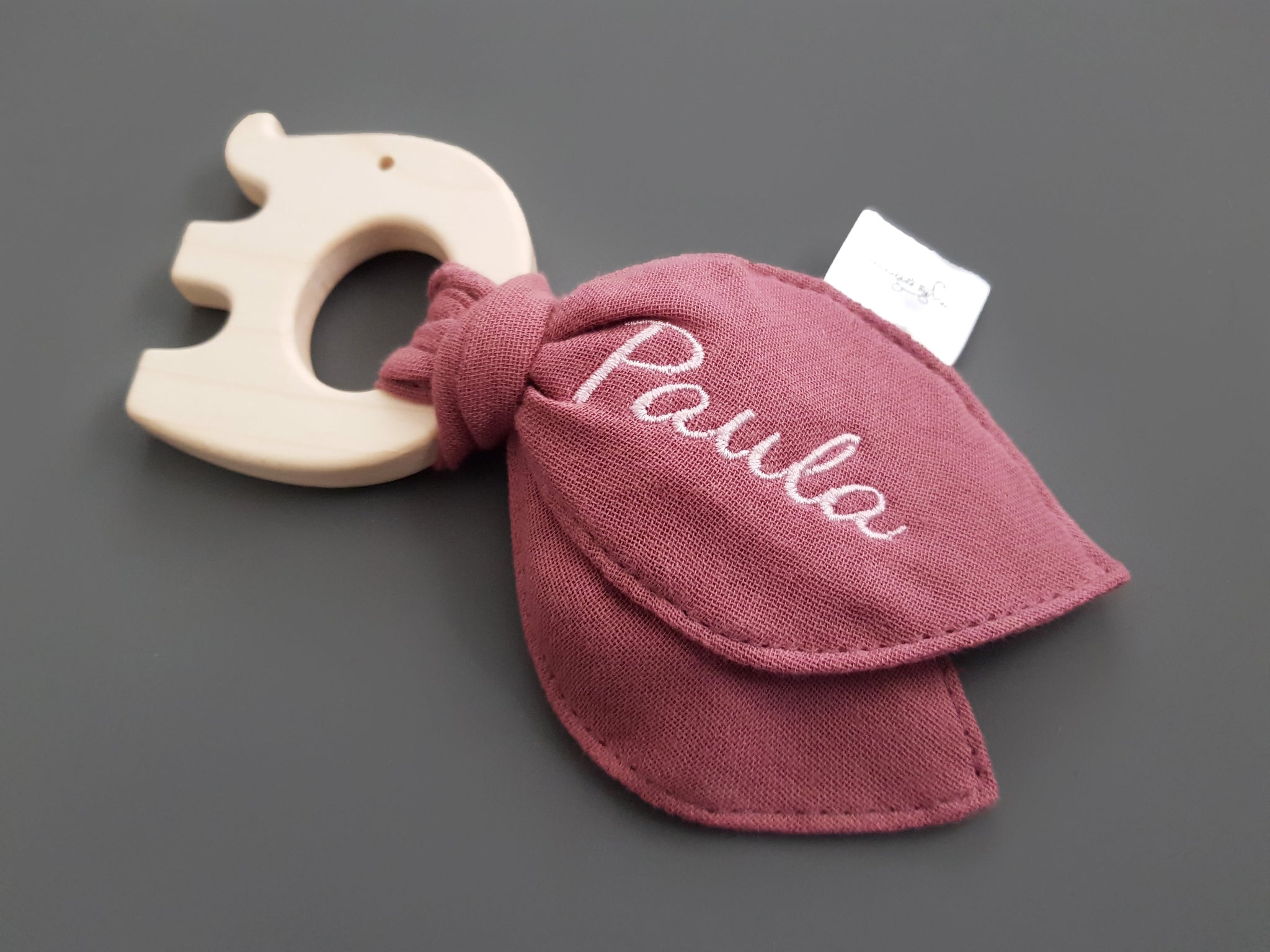 Greifling mit Knisterohren mit Namen - bestickt, deco rose