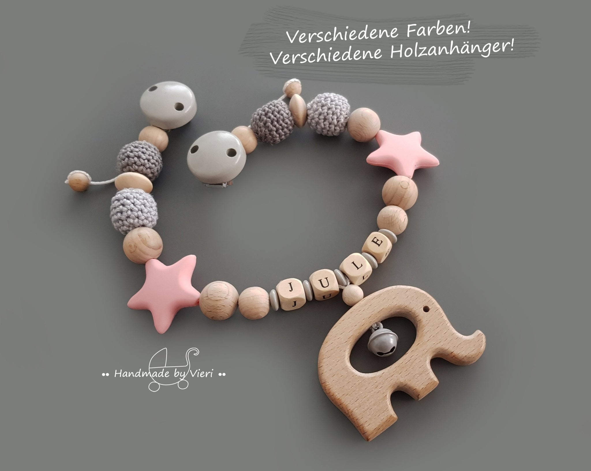 Kinderwagenkette mit Namen - Elefant/Stern, rosa