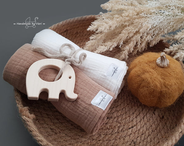 Personalisierte Musselin Schmusetücher in taupe und weiß - 2er-Set Bio - handmadebyvieri
