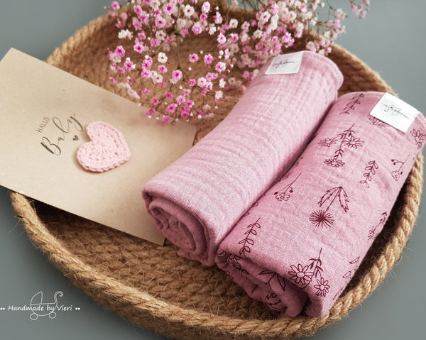 Personalisierte Musselin Schmusetücher mit Blümchen - 2er-Set Bio in altrosa