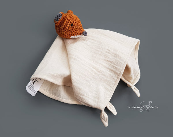 Personalisiertes Schmusetuch aus Bio Musselin - Fuchs in rost und beige