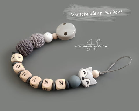 Personalisierte Schnullerkette - Fuchs, grau - handmadebyvieri