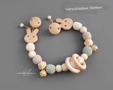Kinderwagenkette ohne Namen- Häschen, Holzringe, grün/sand