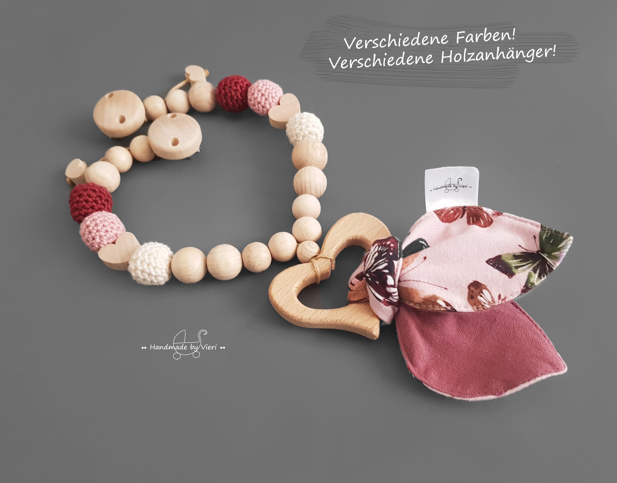 Kinderwagenkette mit Knisterohren ohne Namen - Herz, altrosa/ deco rose