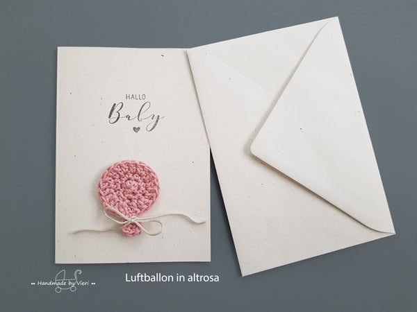 Handgemachte Geburtskarte in vanille - Hallo Baby, Luftballon