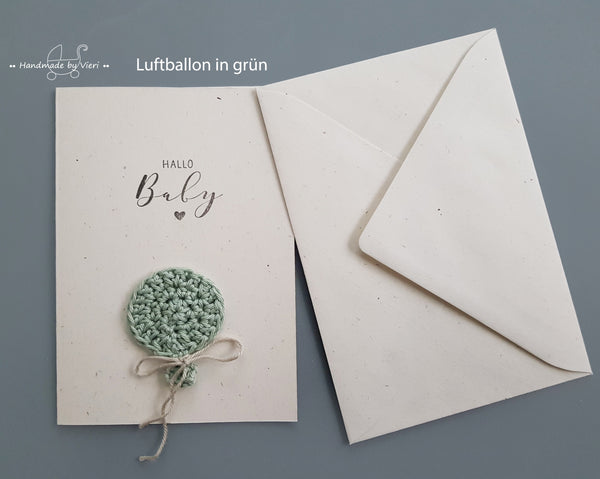 Handgemachte Geburtskarte in vanille - Hallo Baby, Luftballon