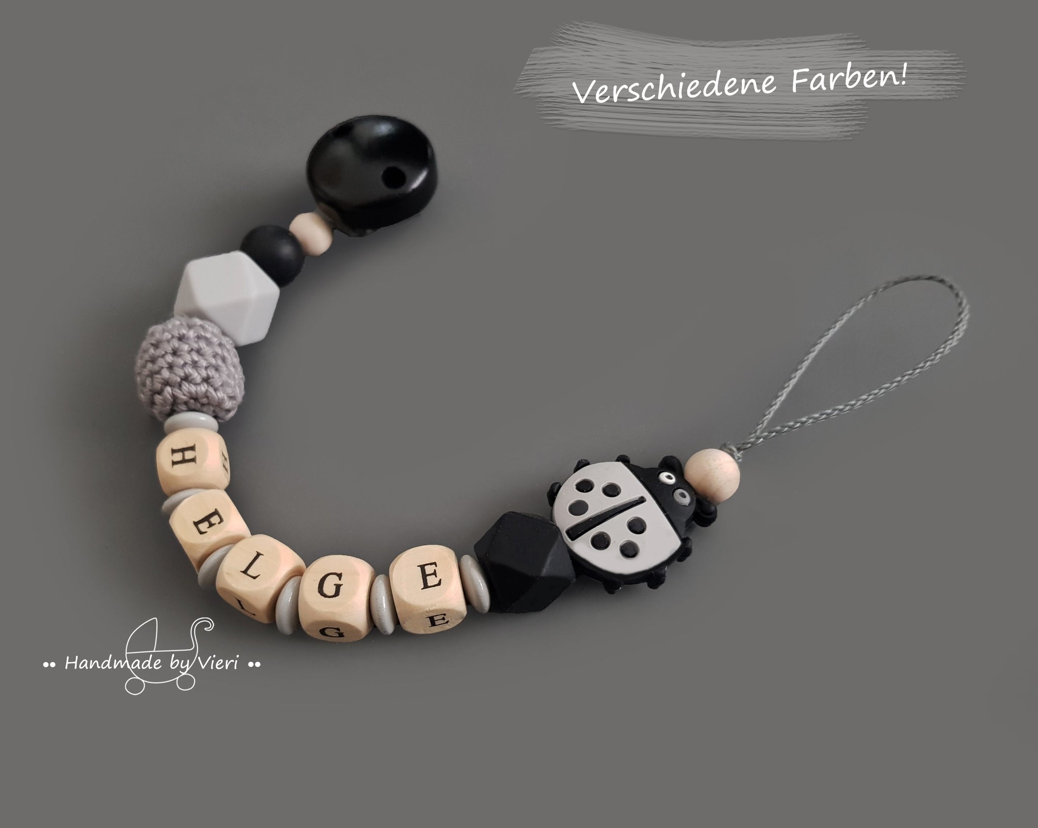 Schnullerkette mit Namen- Marienkäfer, grau
