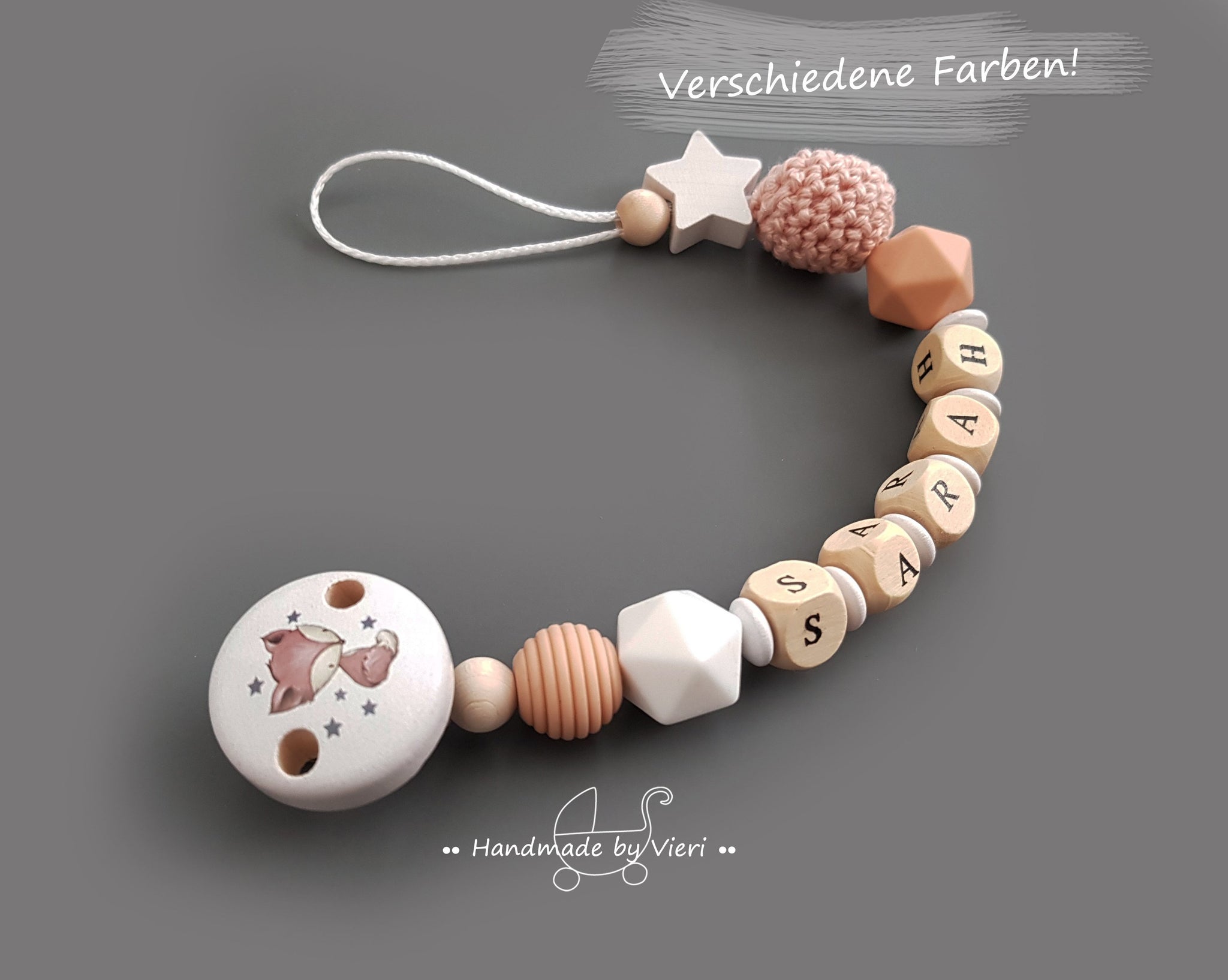 Schnullerkette mit Namen – Fuchs, weiß