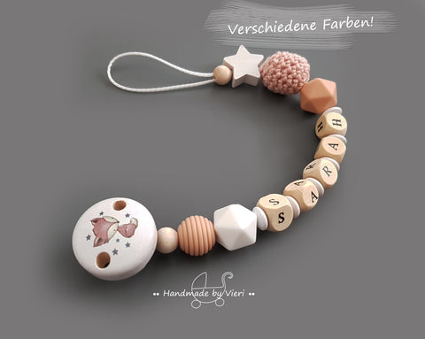 Schnullerkette mit Namen – Fuchs, weiß
