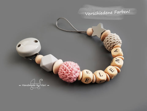Schnullerkette mit Namen- altrosa/ sand