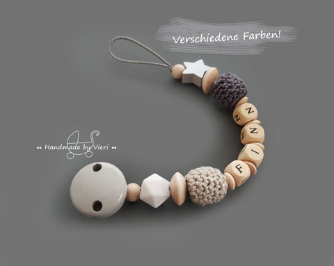 Schnullerkette mit Namen- grau/ sand