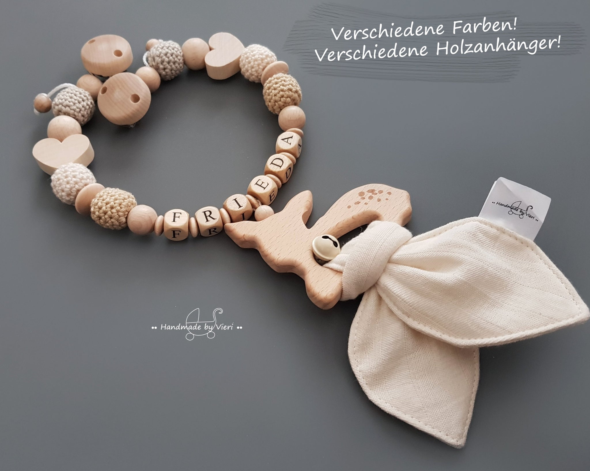 Kinderwagenkette mit Knisterohren mit Namen - Reh, natur