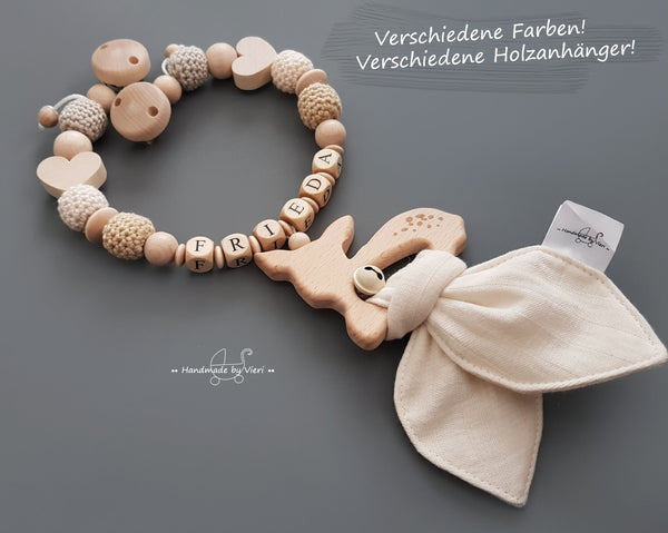 Kinderwagenkette mit Knisterohren mit Namen - Reh, natur