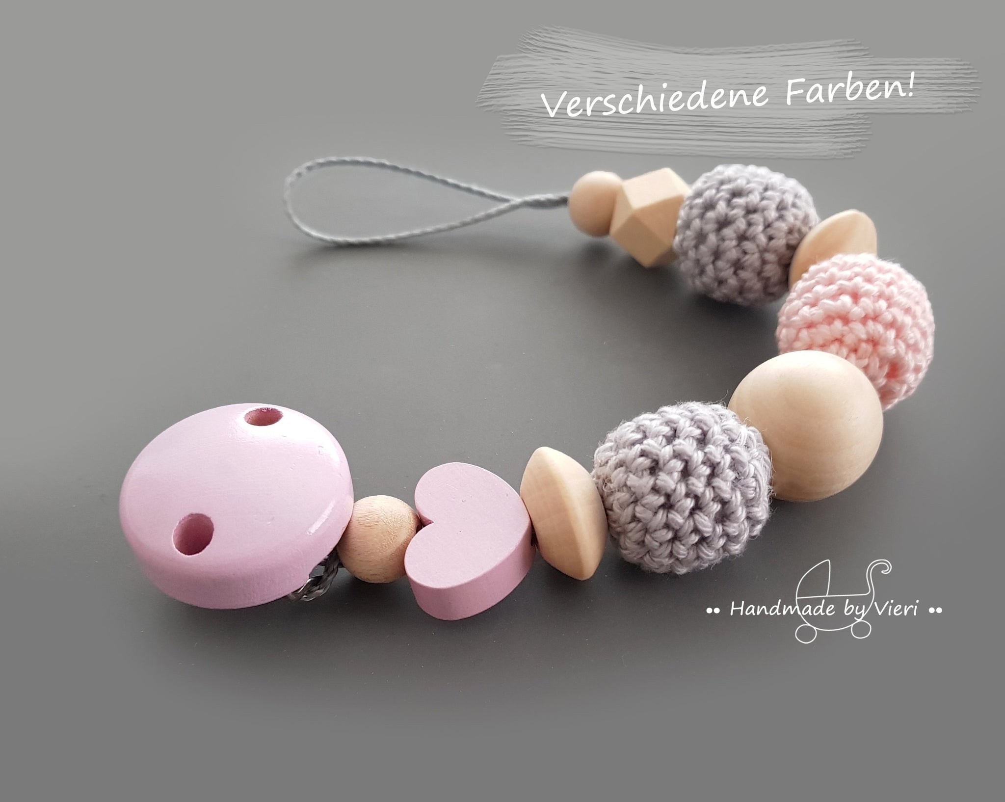 Schnullerkette ohne Namen – rosa/grau - handmadebyvieri