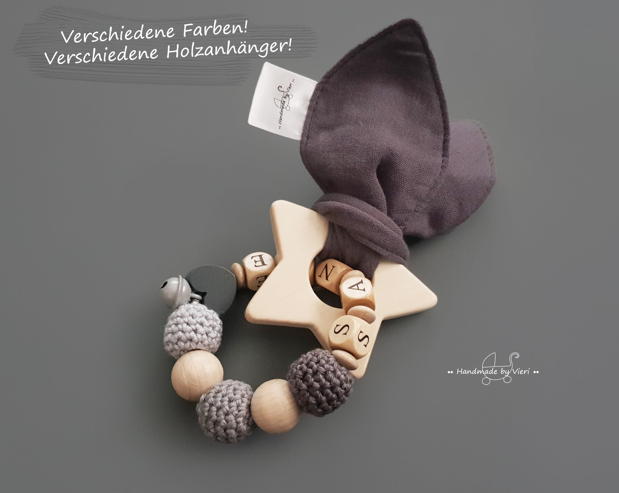 Personalisierter Greifling mit Knisterohren - rabbit (dunkelgrau)