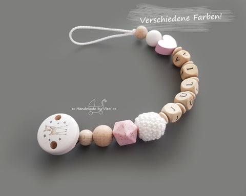 Schnullerkette mit Namen –Reh, weiß