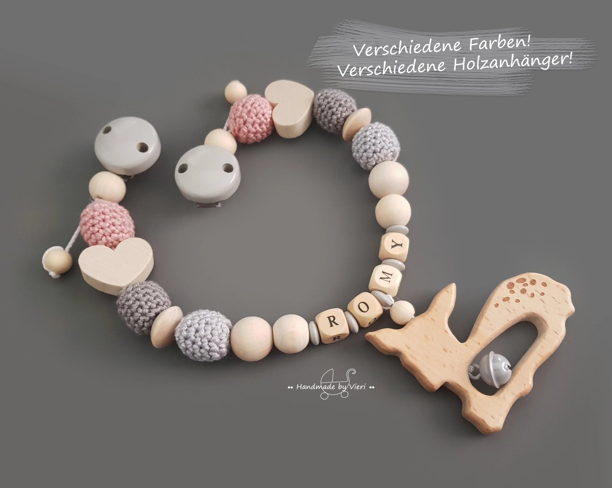 Kinderwagenkette mit Namen - Reh, altrosa/grau
