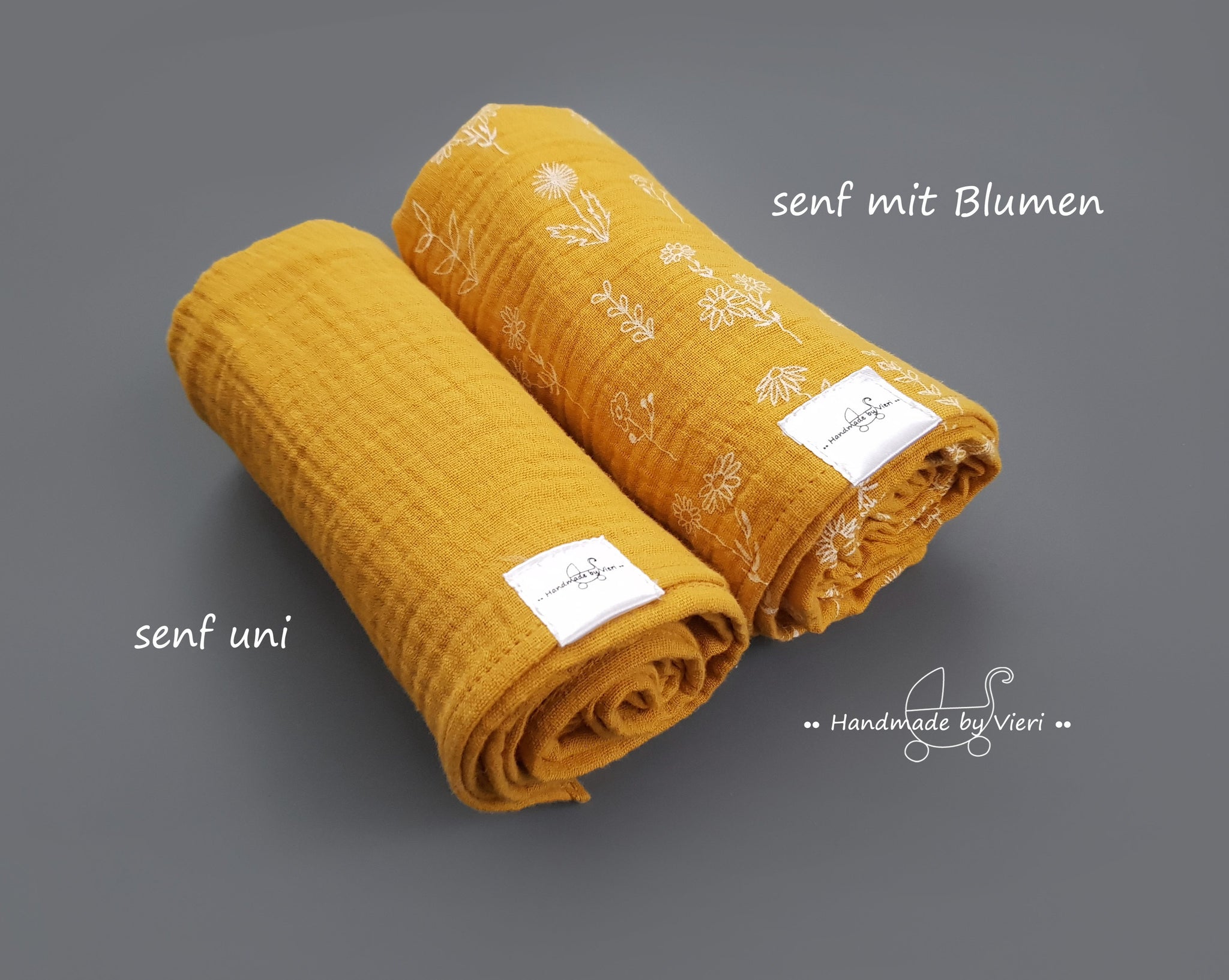 Personalisierte Musselin Schmusetücher mit Blümchen - 2er-Set Bio in senf
