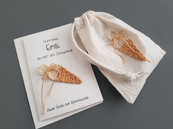 Karte zur Einschulung - Schultüte, senf