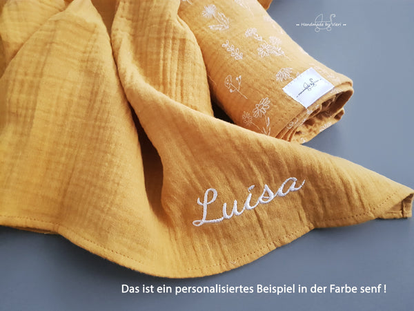 Personalisierte Musselin Schmusetücher in weiß mit Federn - 2er-Set Bio blau/ weiss