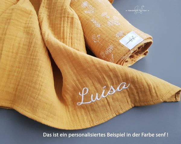 Personalisierte Musselin Schmusetücher in weiß mit Federn - 2er-Set Bio